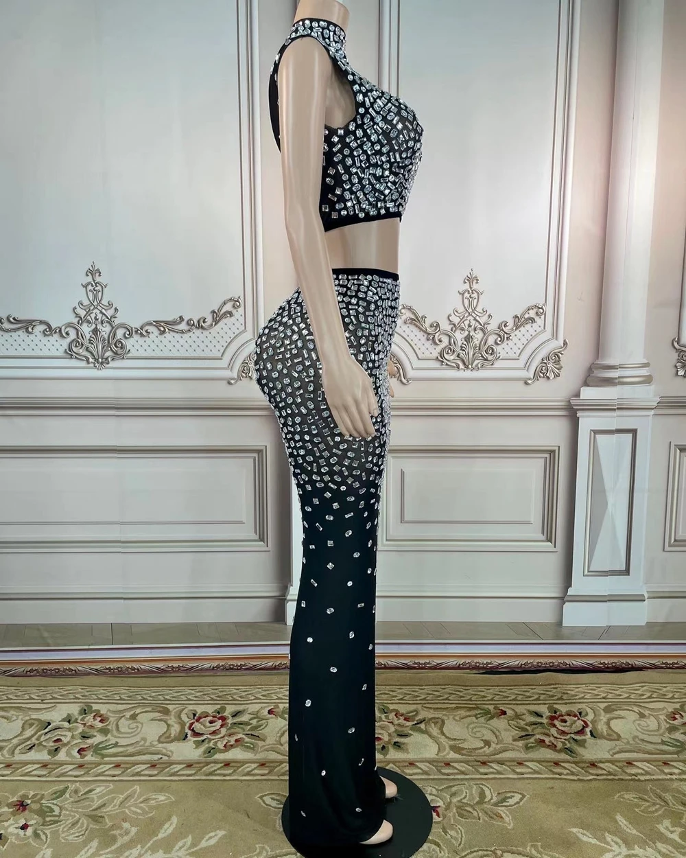 Sparkly Rhinestones Crop Top Long Skirt Sexy Transparent Two Pieces Set Celebriate Evening Birthday Dress Photo Shoot for Women