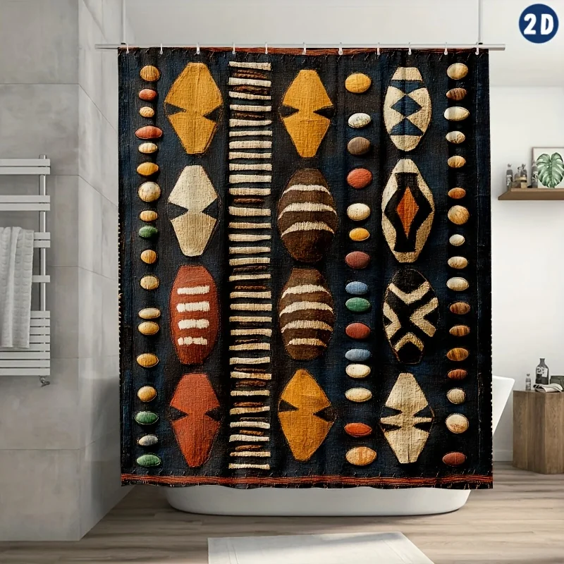 

African Mudcloth Pattern Shower Curtain Vibrant Geometric Design Coffee Brown Black Decor Bathroom with Hooks