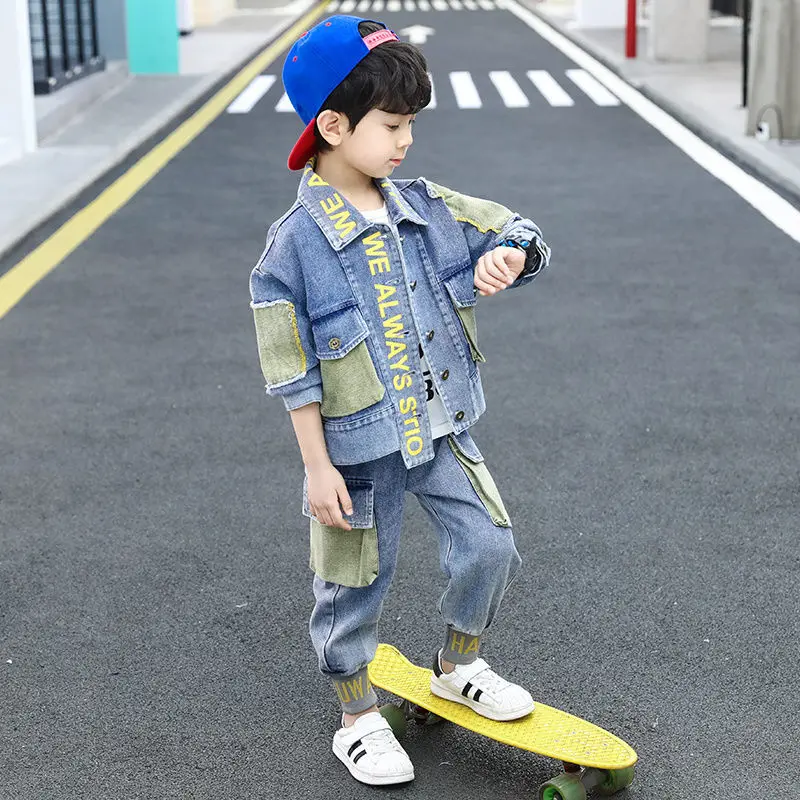 Spring Autumn 2 Piece Suit Casual teen Boys Letter Clothes Set Kid jacket Top + Denim Pants set 6 8 10 12 14 years