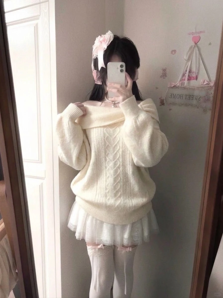 Korean Style Knit Pullover Women Off Shoulder Fold Collar Twisted Cable Knit Puff Sleeve Y2K Sweet Girl Cute Sweater Top Autumn