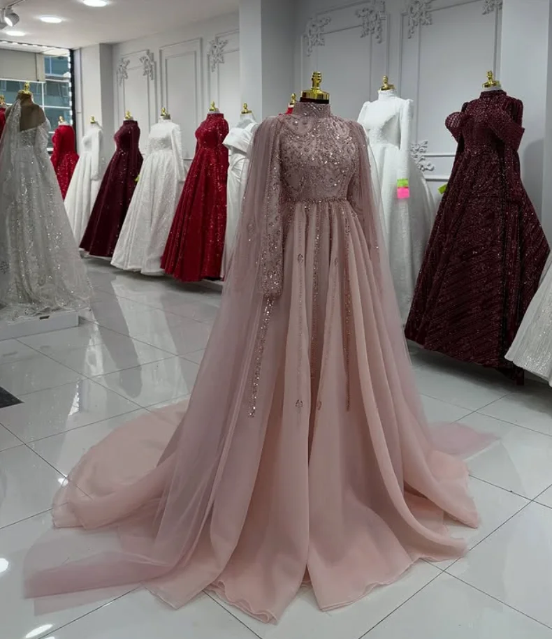 

Pink Sparkly Muslim Caftan Prom Dresses with Cape Applique Gillter High Neck Long Sleeve Kaftan Henna Evening Gown Customsized