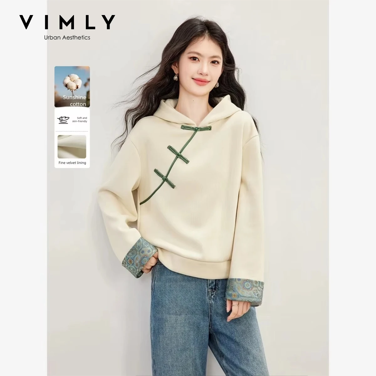VIMLY New Chinese Style Hooded Sweatshirt Fall Winter Color Contrast Frog Button Fleece Lined Thickened Pullover Ladies A7683