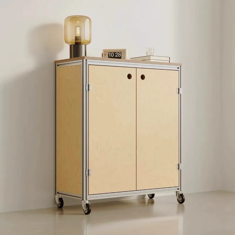 Solid wood cabinet Industrial wind birch marine board dining side cabinet Universal wheel double door storage cabinet
