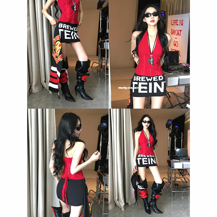 

Jennie Cool Ne, подвесной ремень на талии, жилет на молнии, жилет с нерегулярным принтом, модная повседневная женская юбка...