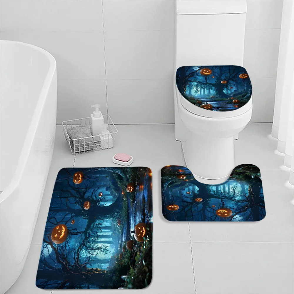 Halloween Bath Mat Set Dark Forest Haunted House Graveyard Pumpkin Lantern Ghost Bathroom Decor Bathtub Rug Toilet Lid Cover