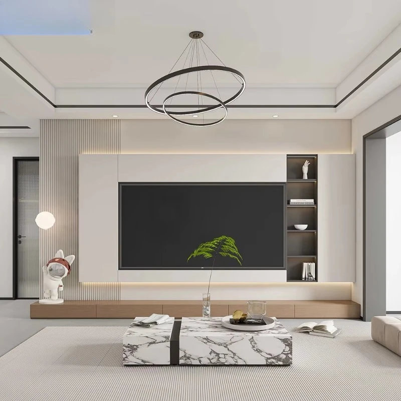 Design modern wood board integrated background wall TV cabinet with storage space