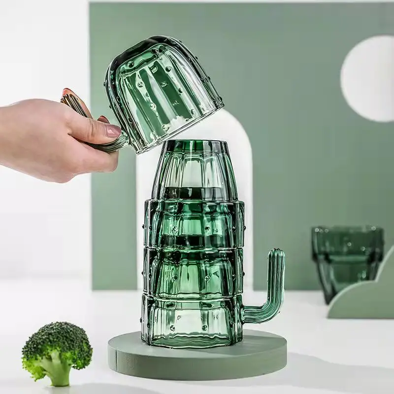 Creative 3D Cactus Glass Cup Set Drinking Water Cup Nordic Stackable Coffee Mug Home Decoration