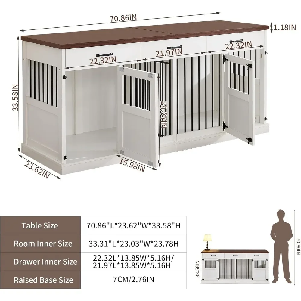 70.9 Inches Dog Crate Furniture for 2 Dogs Double Dogs Crate Wooden Heavy Duty Dog Kennel Furniture TV Stand with 3 Drawers