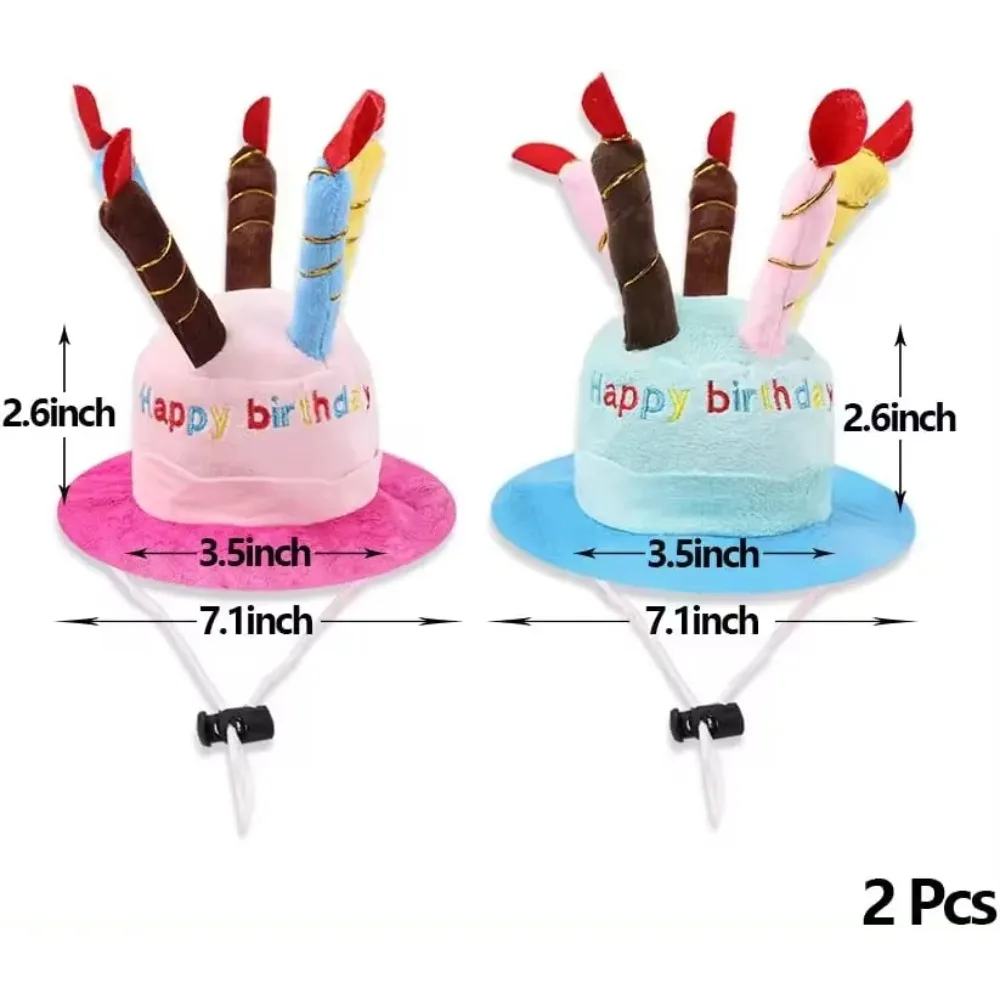 2PCS Birthday Party Hats for Pets Adorable Plush Cartoon Happy Birthday Cake with Candles Shape Adjustable Hat Strip Hats Set