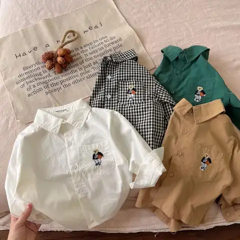 Korean Kids Shirt 2025 Autumn Bear Embroidery Plaid Lapel Long Sleeve White Blouse for Boys Girls Children's Trendy Top