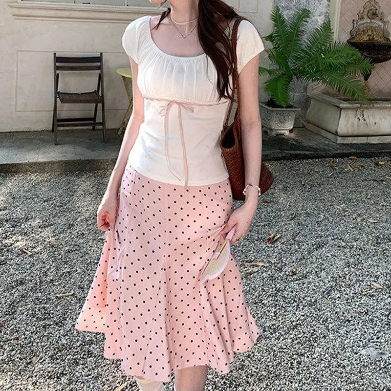 

Gentle Korean Polka Dot Elegant Knee Skirts Spring Summer Aura A-Line Women's Clothing Basic Fashion Folds Zipper Midi Skirts