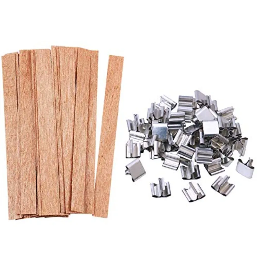 100 pcs Wooden Candle Wicks kit, Include 50 Pcs 5.1 X 0.5 Inch Candle Making Wicks and 50 Pcs Iron Stand Naturally Smokeless Wo