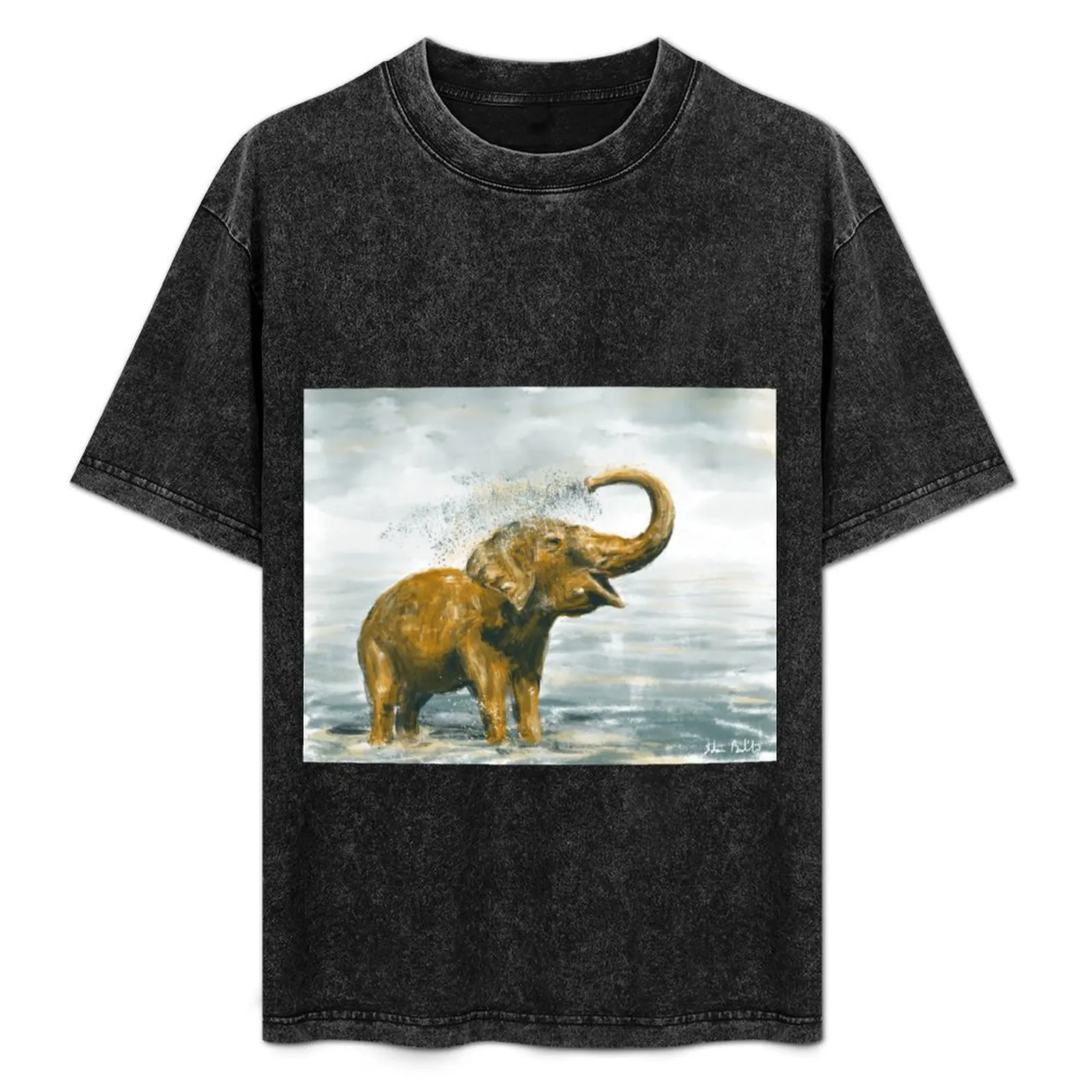

Loose Painting of a Baby Elephant Taking a Shower T-Shirt Basic Solid Tee for Daily Use