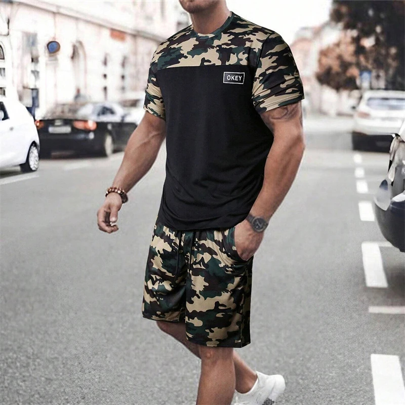 2024 New Summer Quick-Drying O-Collar Camouflage Print Set Classic Men\'s Sports Short Sleeve and Shorts 2-Piece Gym Fitness Set