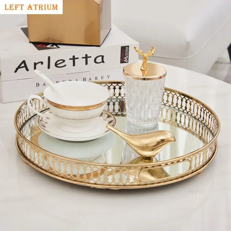 

Gold Trays Decorative Vintage Mirror Glass Storage Tray Rectangle/round Fruit Plate Desktop Small Items Jewelry Display Plate