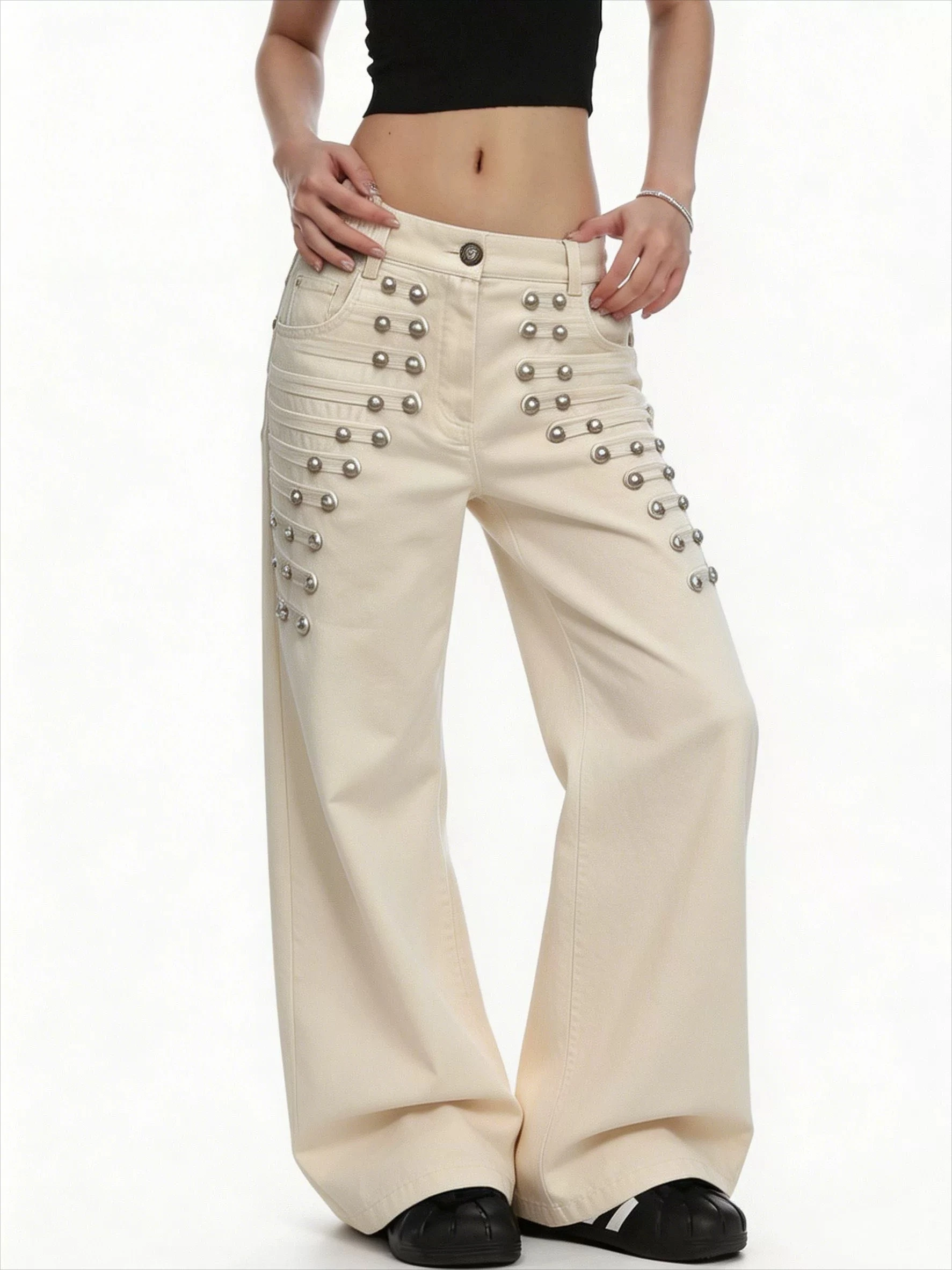 American Retro Metal Buckle Design Jeans for Women Y2k New Gothic Street Loose Wide-leg Floor Mopping Pants
