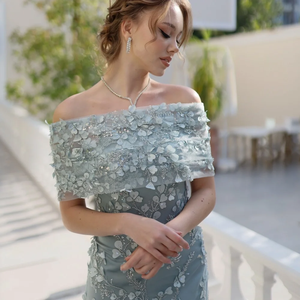 Amanda Personalizzato Fiori Blu Ricami Perle Pizzo robes de soirée Abiti da festa con spalle scoperte Abito da ballo alla caviglia