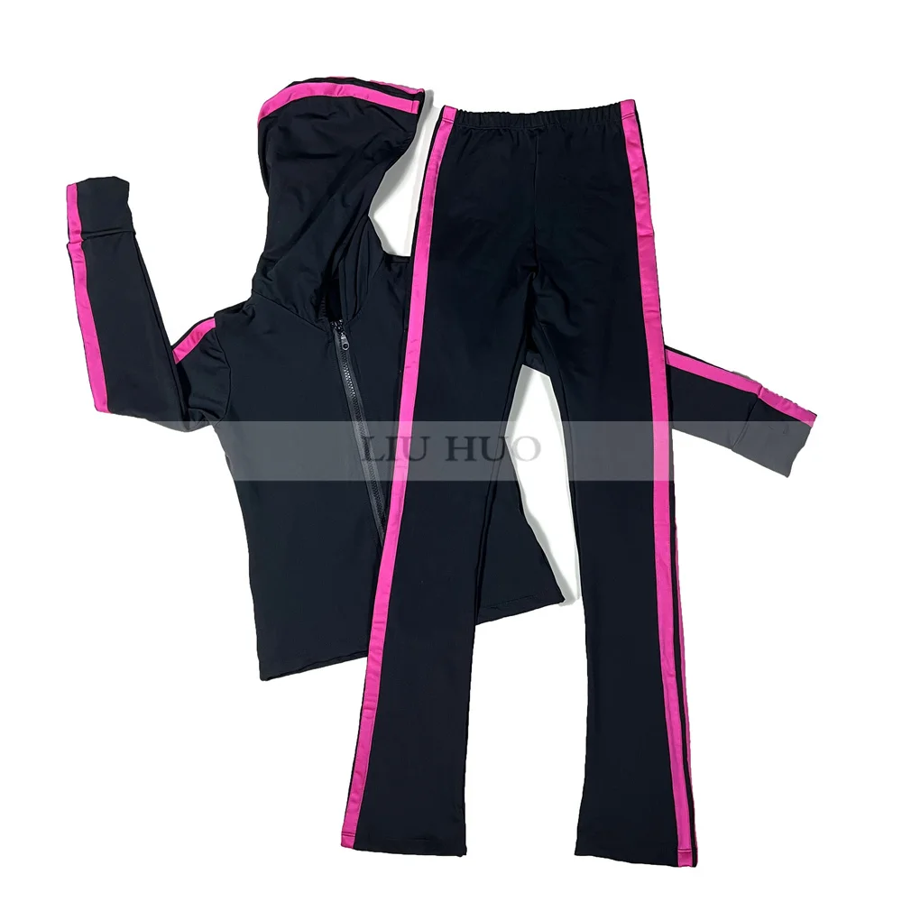 

LIUHUO New Ice Figure Skating Jacket Pants Women Girl Trousers Top Black Teens Children Hat Dance Training Roller Rose Stripes