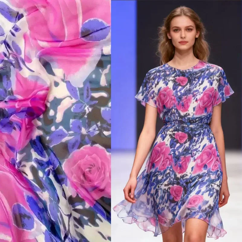 

Violet Peony Flowers Prints French Lace Silk Chiffon Fabric For Sewing Woven Material Textile Tulle Dress 100% Silk Fabric Telas