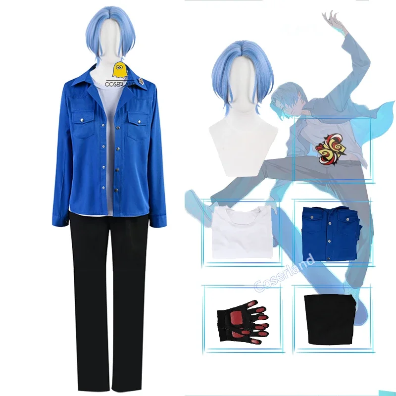 Anime SK8 the Infinity Langa Hasegawa Cosplay Costume Skating Street Wear Tee Jacket Pants Gloves Hasegawa Ranga Blue Short Wig