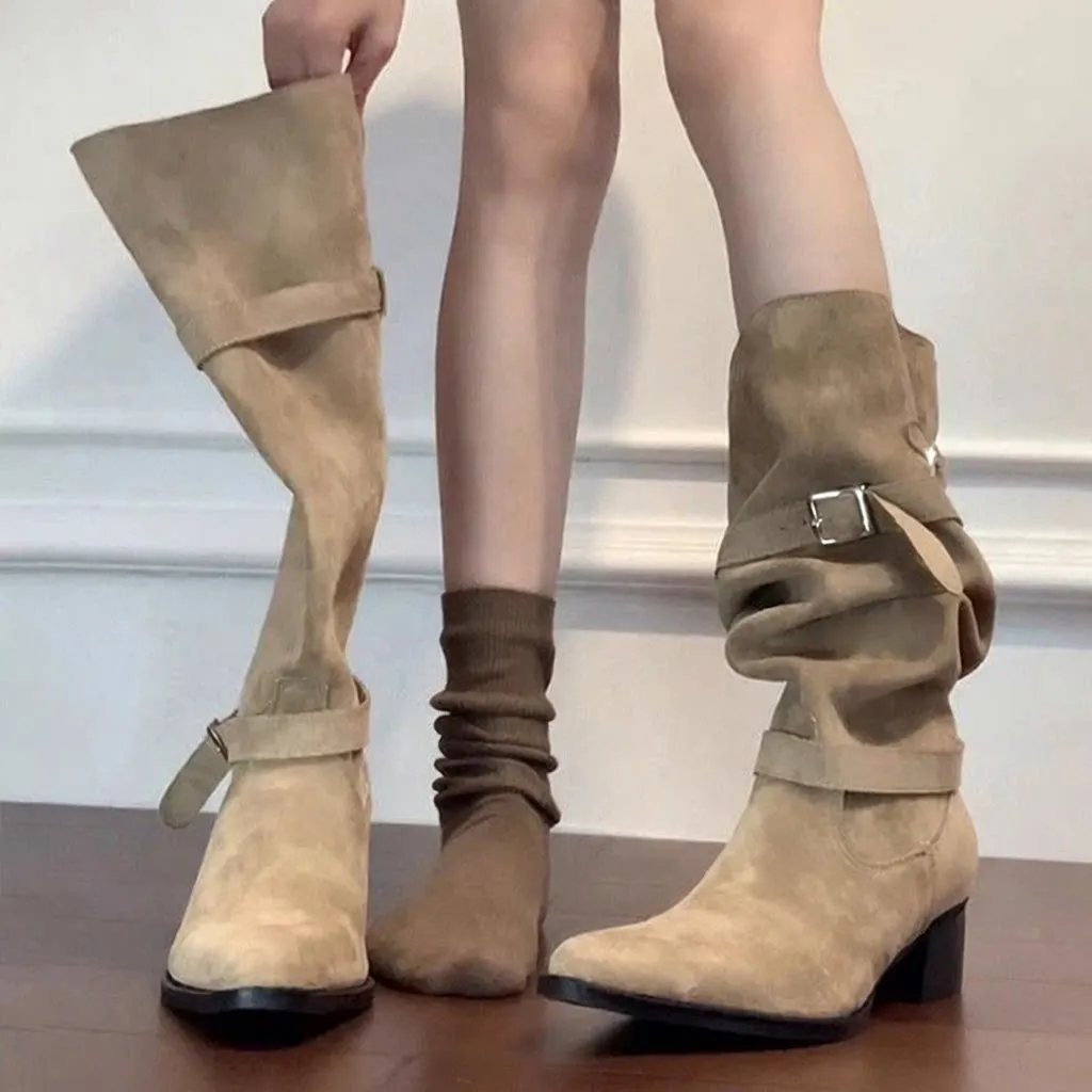 

Knee-high Velvet Chelsea Boots for Women Fashionable Autumn Winter Fold-over Rough Heel Thickened PU Leather Inner