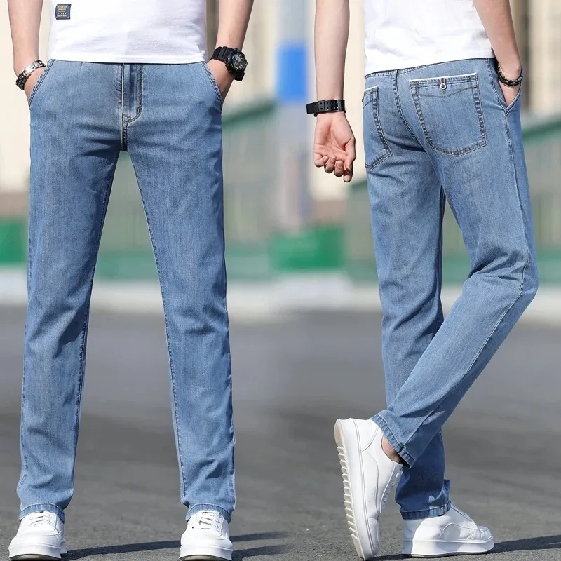 2024 Summer New Men\'s Loose Stretch Gray Jeans Fashion Casual Stretch Straight-leg Denim Pants Male Light Blue Brand