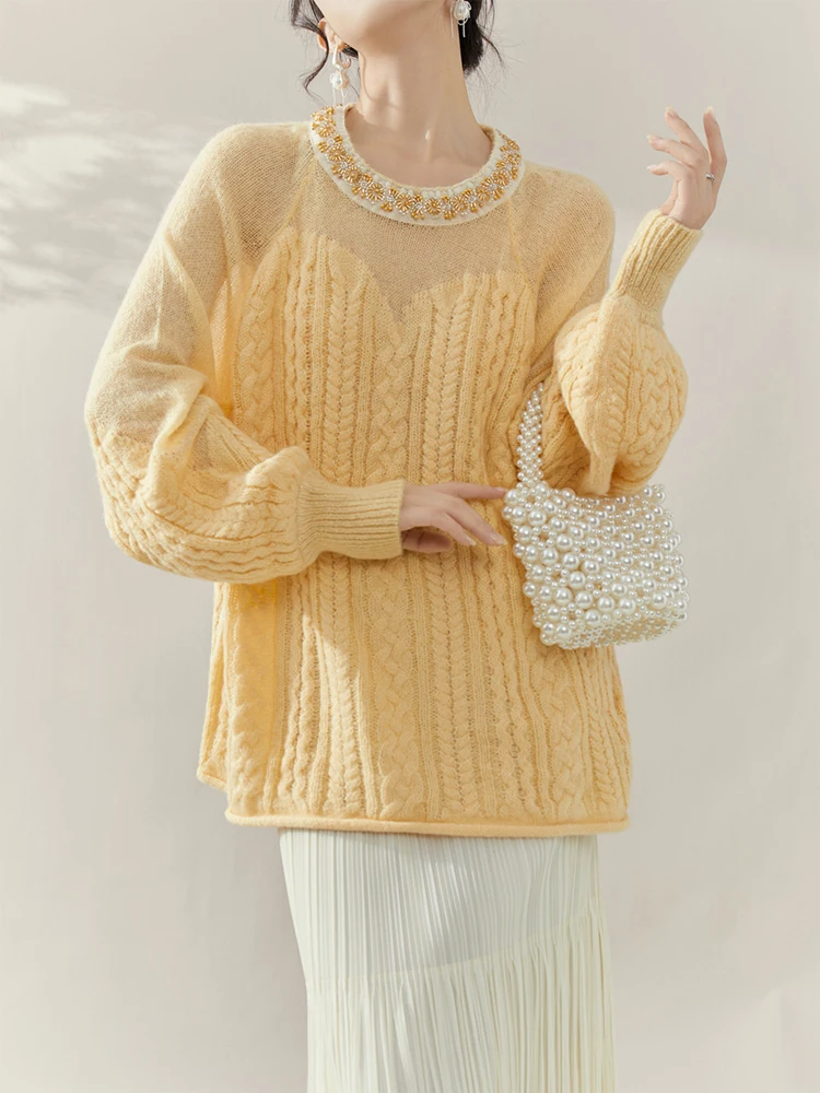 

Женский свитер, вязаный пуловер с украшенным воротником, рукавами-фонариками, свободный крой, вязаный трос, желтый, зима, весна, модный шикарный топ