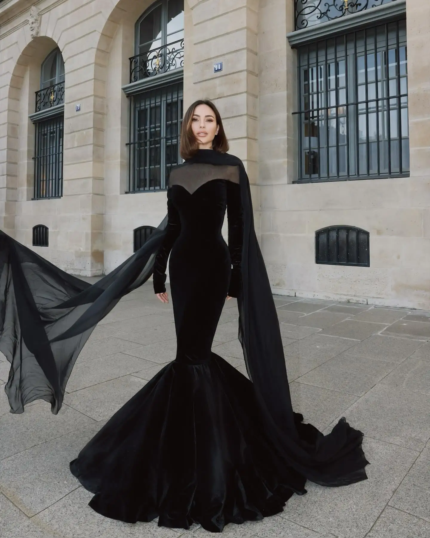 

Customized Sexy Velvet Mermaid Ribbons Evening Dress Temperament Long Sleeves O-neck Floor Length فساتين سهرات