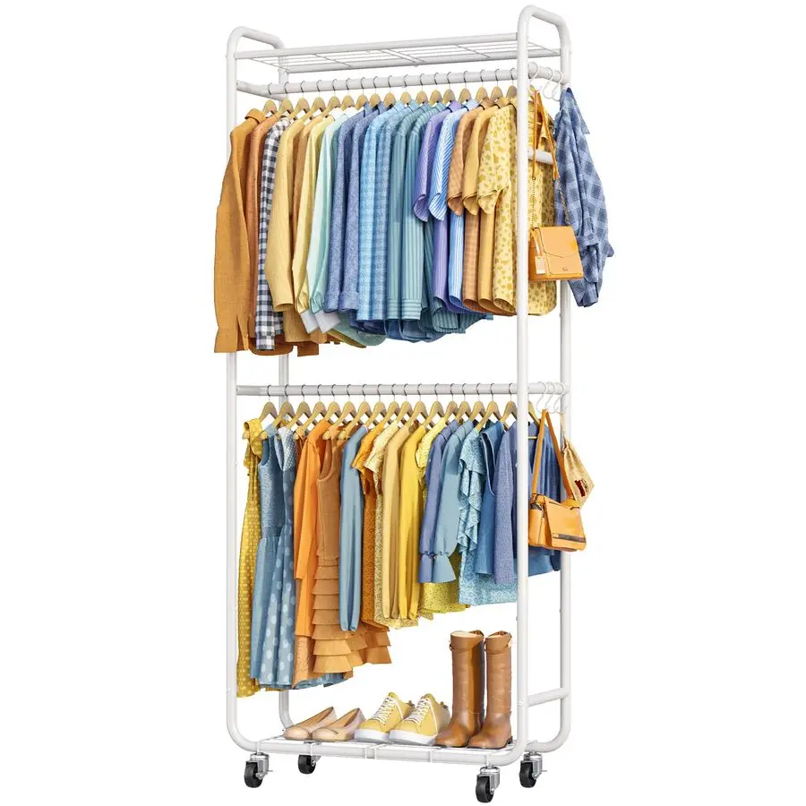 

Rack RustProof Clothing Rack with Shelves, Hangers, Removable Hooks, AntiTip Wardrobe Closet with Lockable Wheels amp Wall Anch