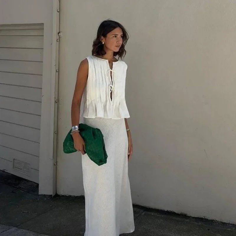 Linen Cotton Pleated Lace Up Sleeveless Short Shirt Blouse Women Slim Waist Crop Top Female Pleated Shirts 2024 New White