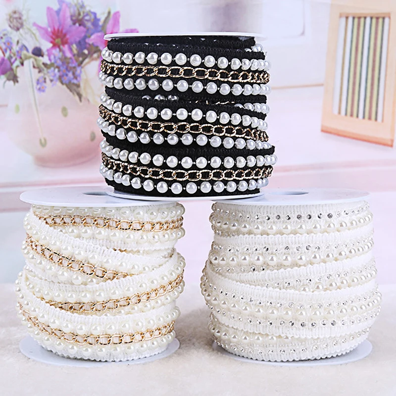 1Yard Braided Pearls Lace Embroidery Fringe Beads Ribbon Lace Sewing Trim Costume Dress Wedding Gifts Wrapping DIY Crafts Arts