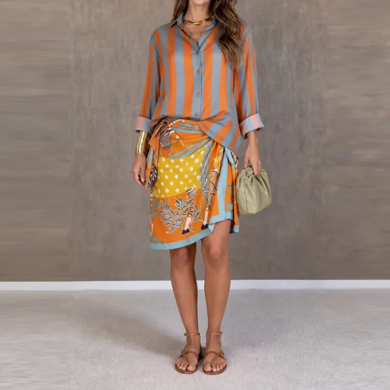 Chic Striped Shirt+Printed Skirt 2pc Set Casual Single Breasted Slim Fit Outfit Trendy Collar Flared Sleeve Office Commute Suit