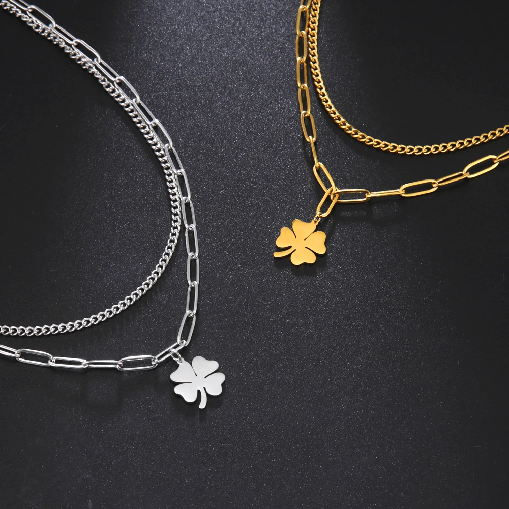 Kkjoy Edelstahl Pflanze Vierblättriges Kleeblatt Anhänger Halskette Mode Elegante Feminine Kurze Schlüsselbein Kette Halskette Schmuck – Detail 31