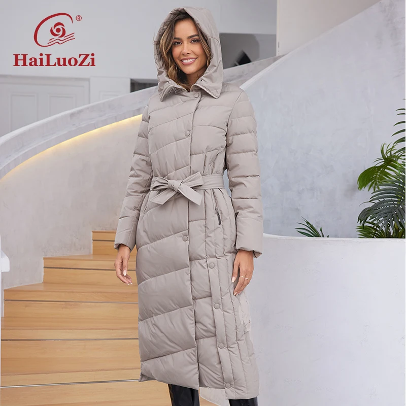 HaiLuoZi 2023 New Women Down Jacket Warm Hood With Fur Long Female Parkas Elegent Big Pockets Belt Quilting Women\'s Coats 3335