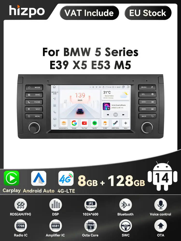 Auto Android 14 2Din 8GB RAM 128GB ROM AutoRadio Multimedia Video Player voor BMW 5 E39 E53 X5 1995-2001 2002 2003 2004 2005 2006 - afbeelding 2