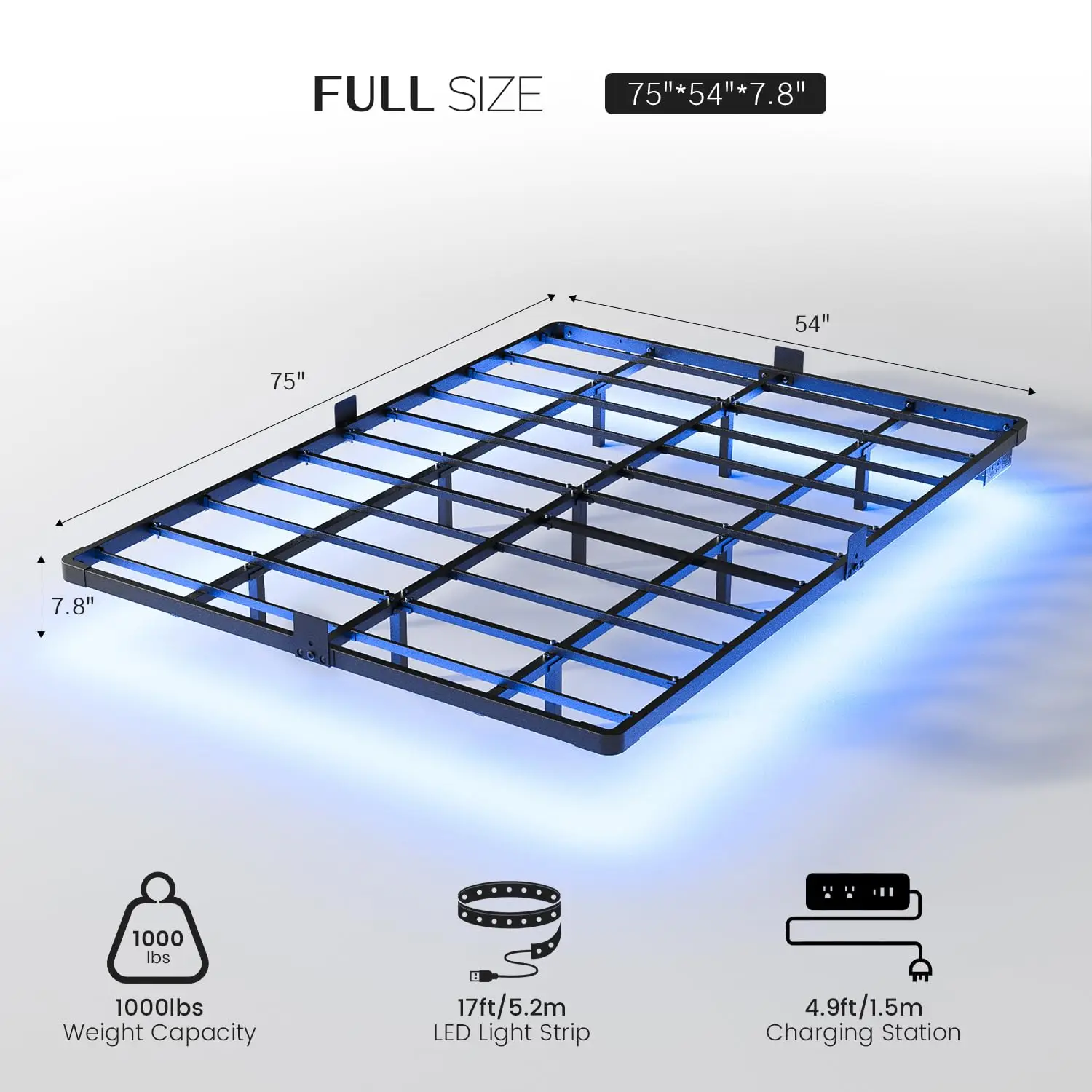 Full Size Metal Floating Bed Frame with LED Light & USB Charging Station, Customized