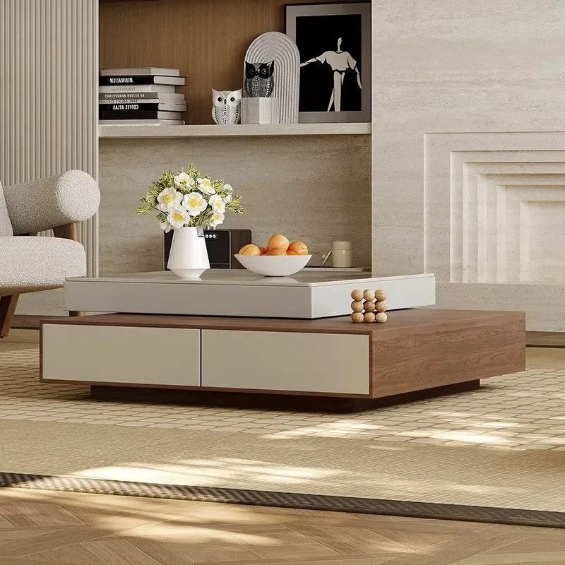 01 طاولة القهوة الإيطالية الدوارة البسيطة المعيشة المنزلية شقة صغيرة الحديثة الخفيفة الفاخرة الراقية طاولة القهوة بلاطة الصخور