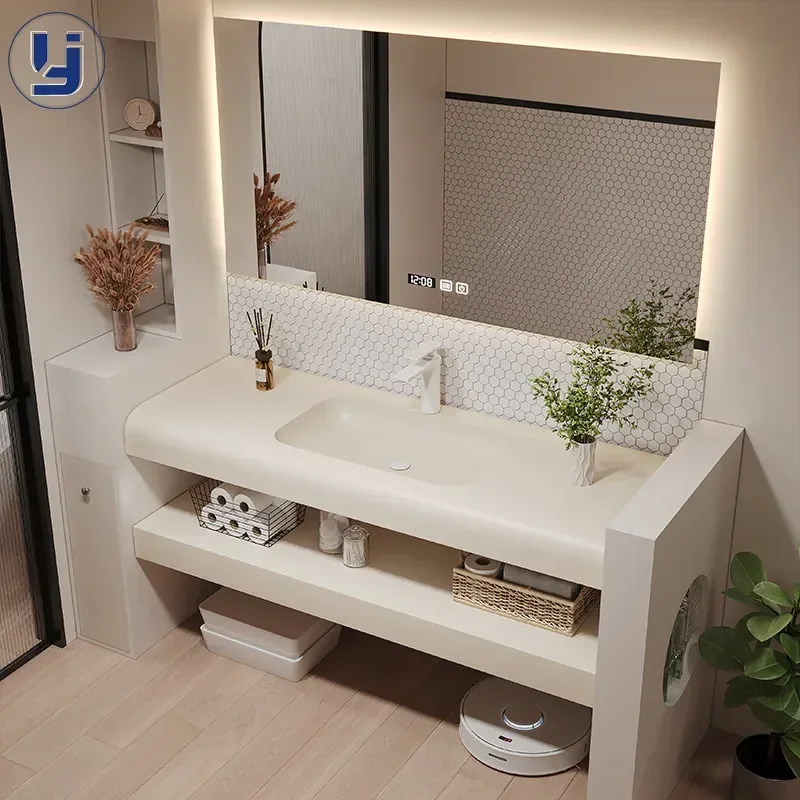 BTV4 New Double Layer Rock Slab Seamless Ceramic Basin Corian Integrated Sink Face Wash Station Bathroom Cabinet Combination
