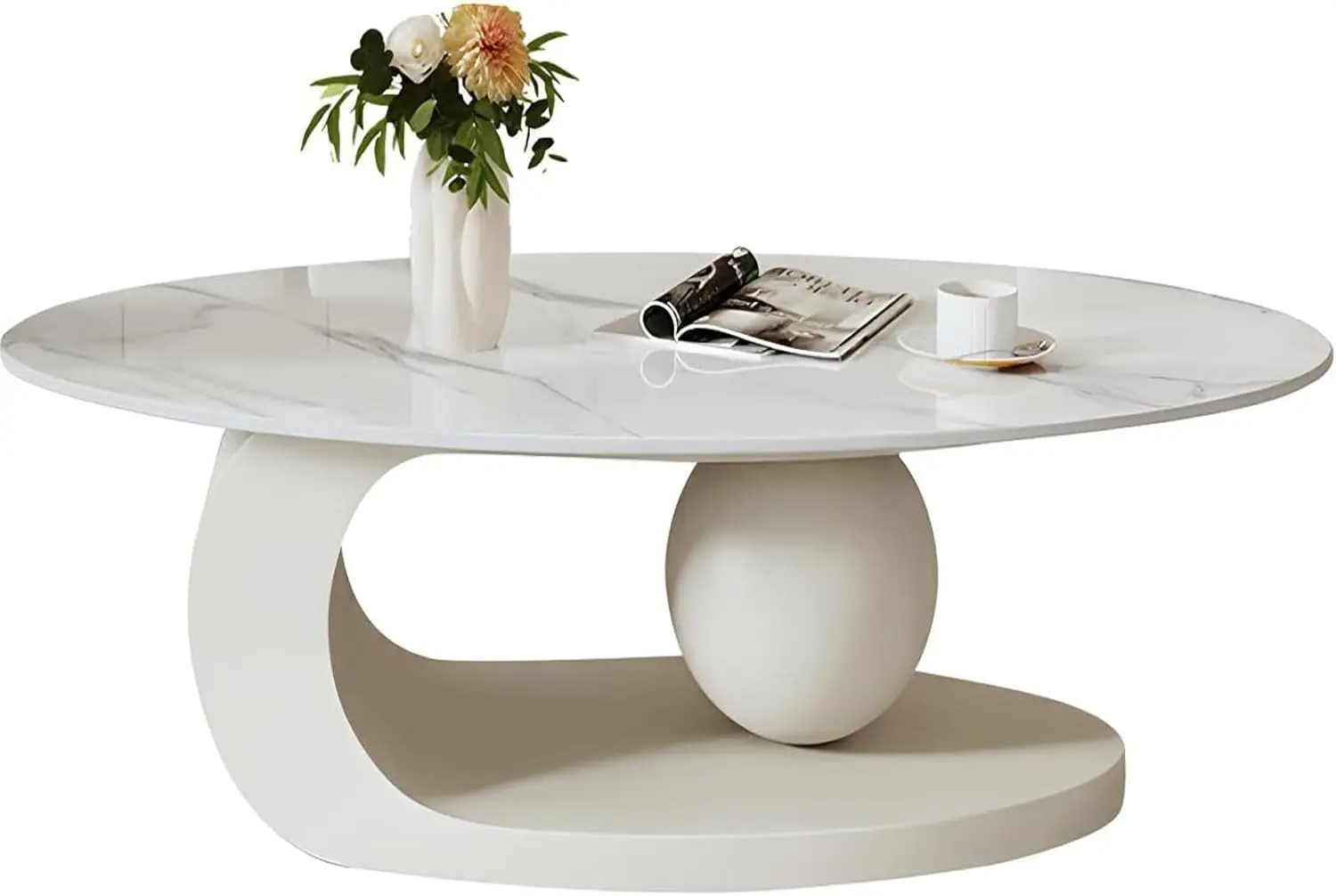 Modern Stone Coffee Table, Abstract Metal Base Living Room Table, 40 in (White, 47