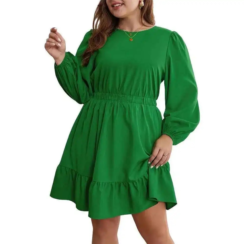 ผู้หญิงขนาดใหญ่ 2025 ฤดูใบไม้ร่วงและฤดูหนาวRuffle EdgeเอวCinchedกระโปรงสูงรอบคอแขนยาวอารมณ์ชุดY2k