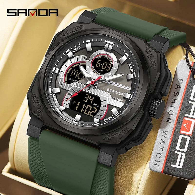 

SANDA 3356 Men's Electronic Quartz Watch Multifunctional Waterproof Alarm Clock Calendar Student Fashion Square Sports Watches