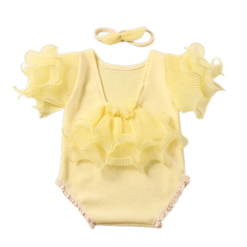 B2EB Baby Girls Photo Clothes Backless Jumpsuit Newborn Costume OnePiece Lace Romper Bowknot Headband Infant Photo Outfit