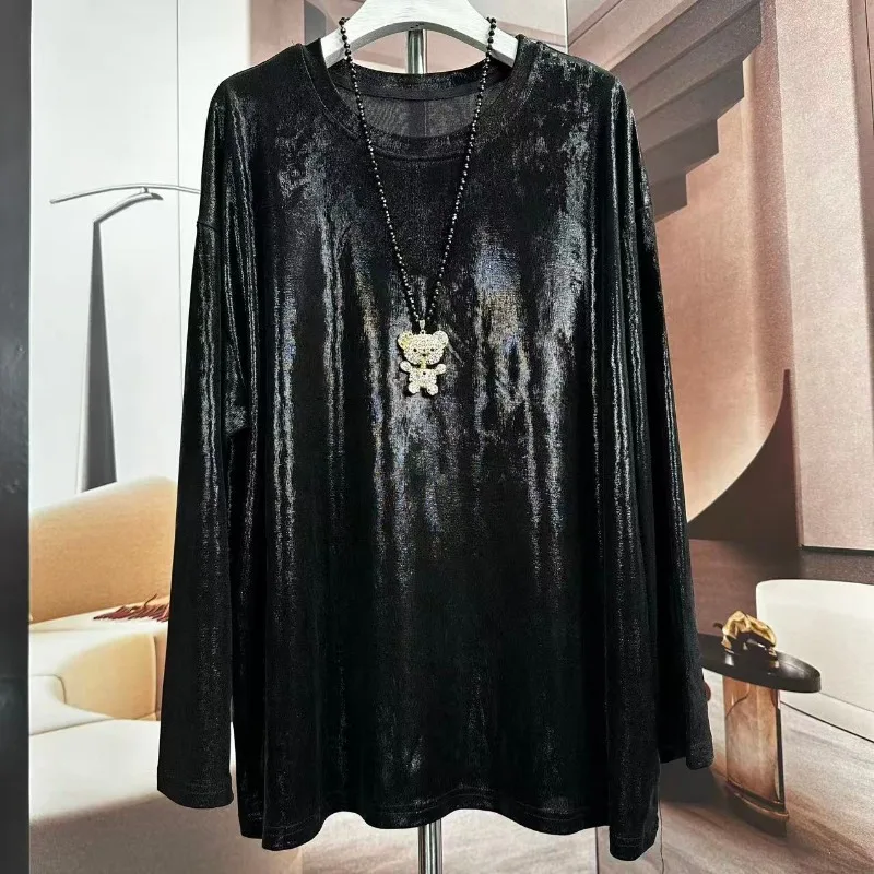 

Loose Fit Velvet Top with Lantern Sves in Purple Faionable Autumn Winter Outerwear T-irt Button Detail round Ne TT233