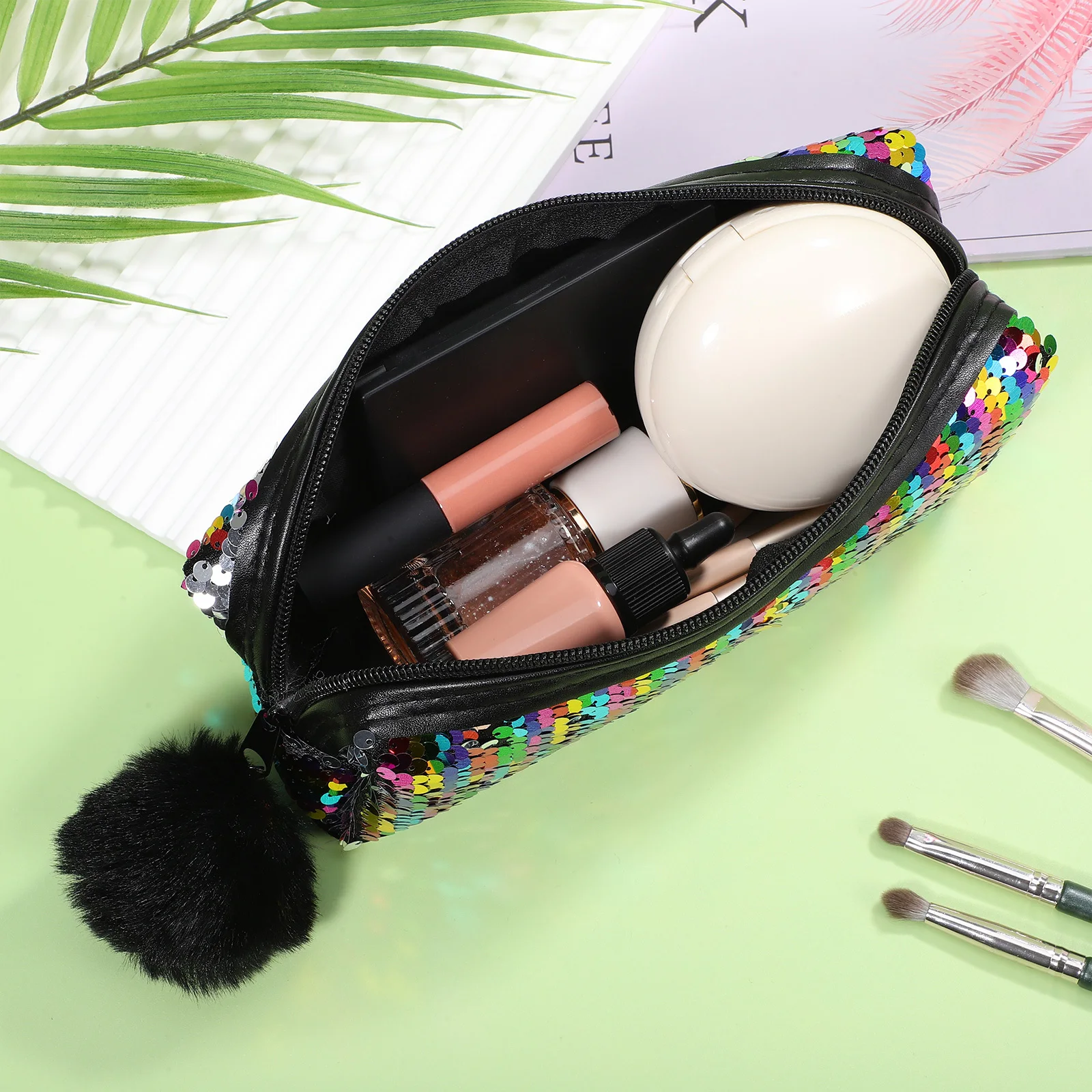 حقيبة مكياج لطيفة مزينة بالترتر اللامع وحقيبة سفر مدمجة للنساء والقرطاسية وتنظيم التجميل #1