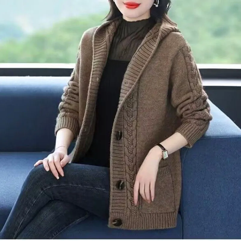 

Hooded Middle Aged Mother Cardigan Sweater Jacket Buttons Knitting Coat For Women Long Sleeve Spring Autumn Woolen Tops Female