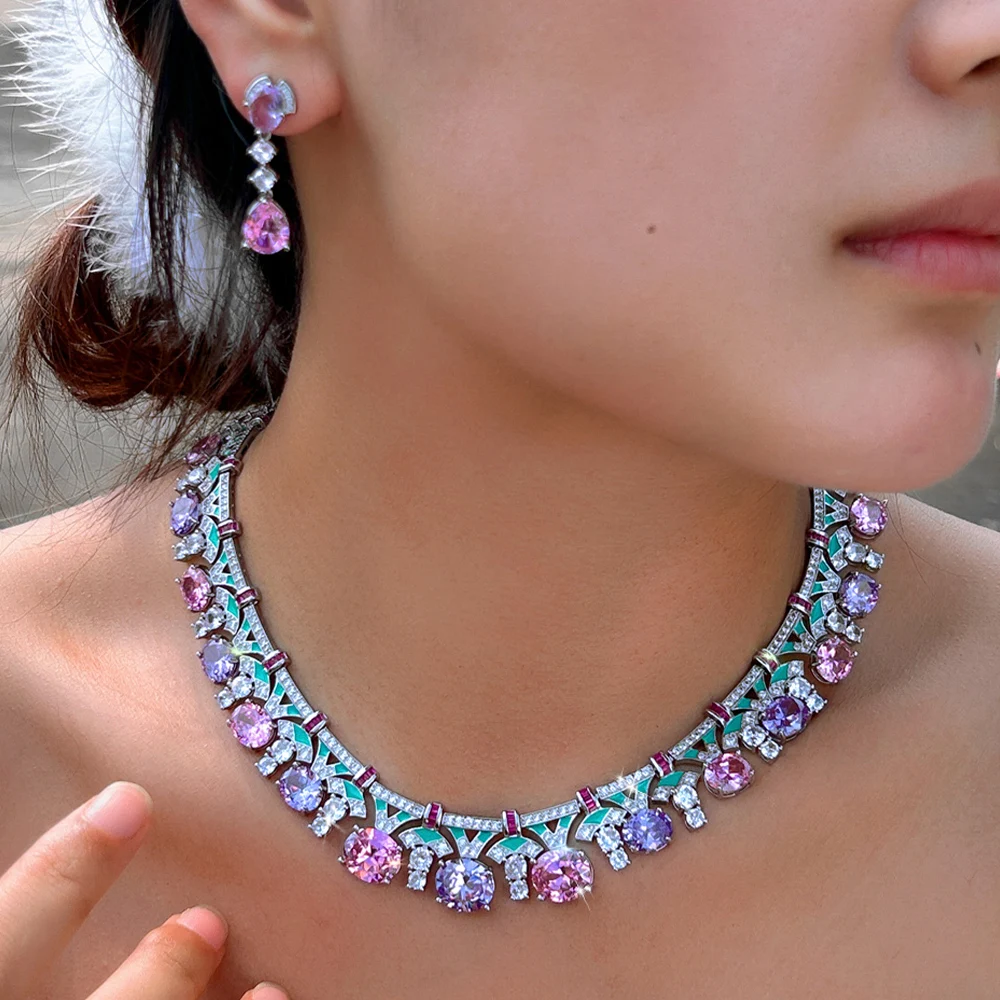 

BeaQueen Luxury Romantic Multicolor Big Oval Cubic Zirconia Stone Women Wedding Bridal Necklace Earrings 2pcs Jewelry Sets T0984