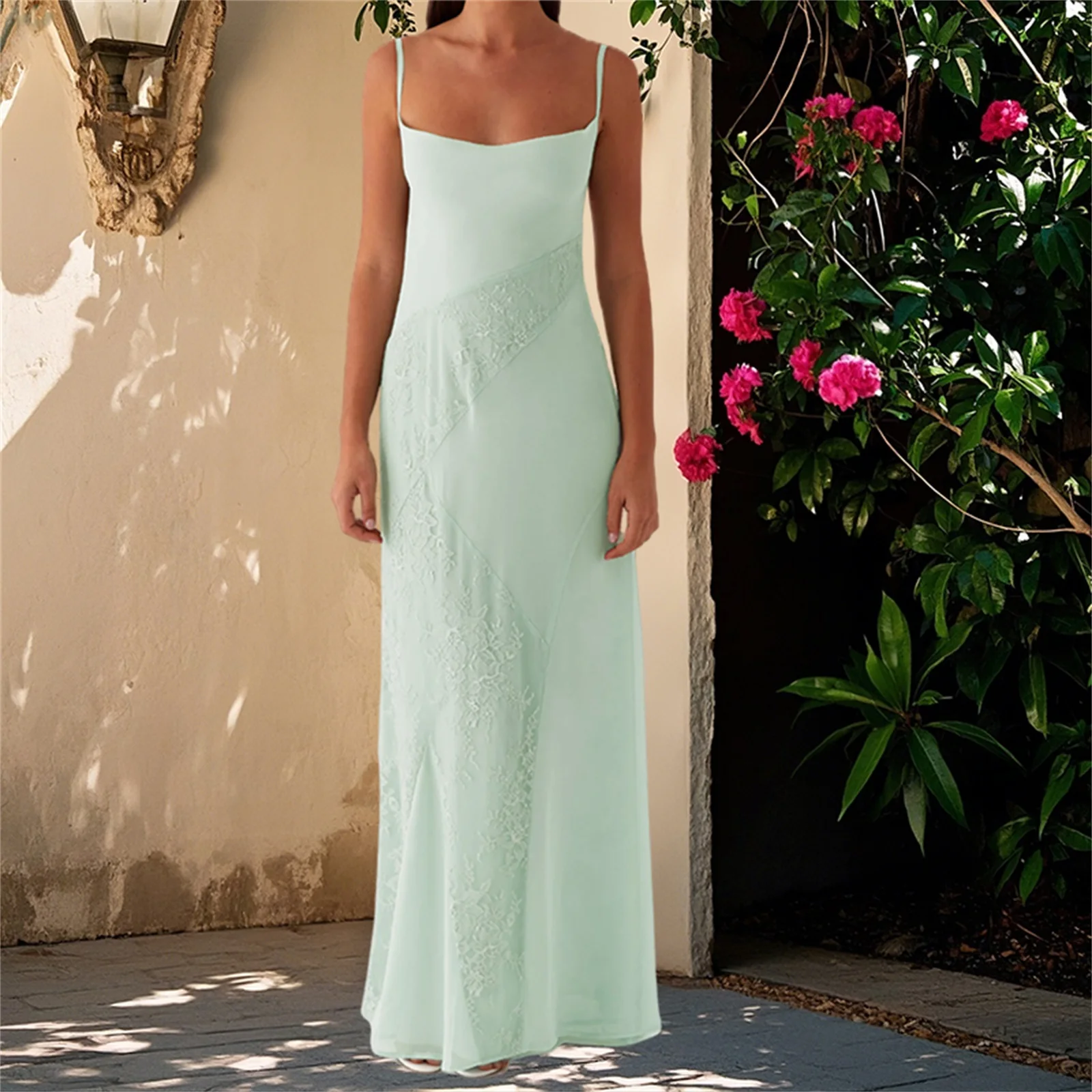 Vestido largo de mujer de encaje de retazos sin mangas vestido camisola de verano con lazo sin espalda vestido de tirantes finos