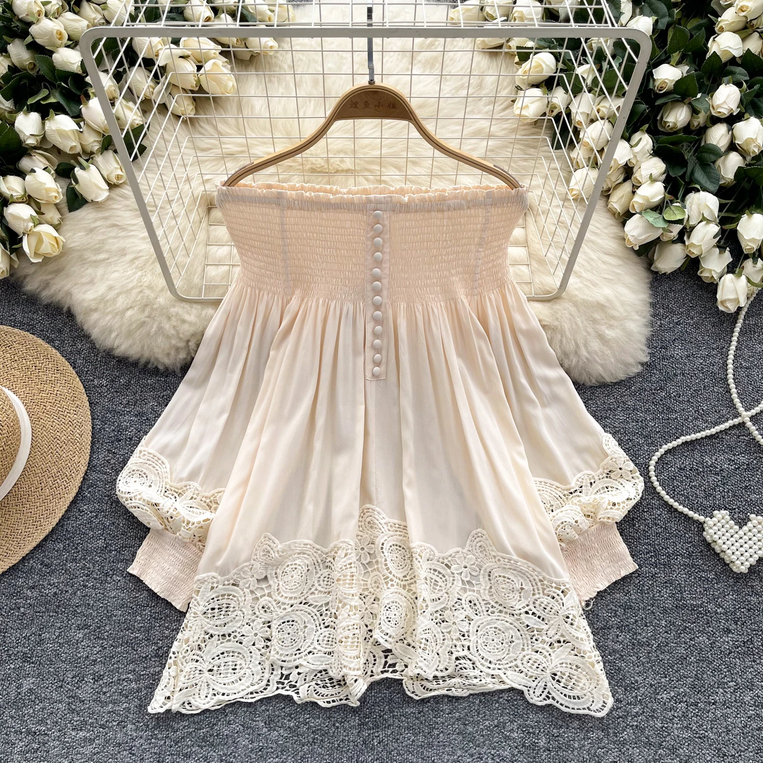 Chic Elegant sexy off shoulder cut out lace PATCHWORK lantern sleeve ruffle t shirt Top Korean Fairy Top summer sweet Wome