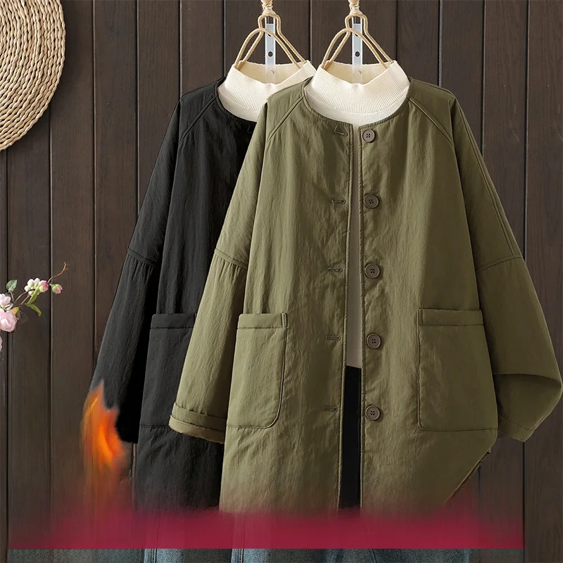 

Warm Cotton Jaet Outerwear Casual Loose round Ne Lightweight Women's plus Size Winter Coat Sli Casual Long Sve