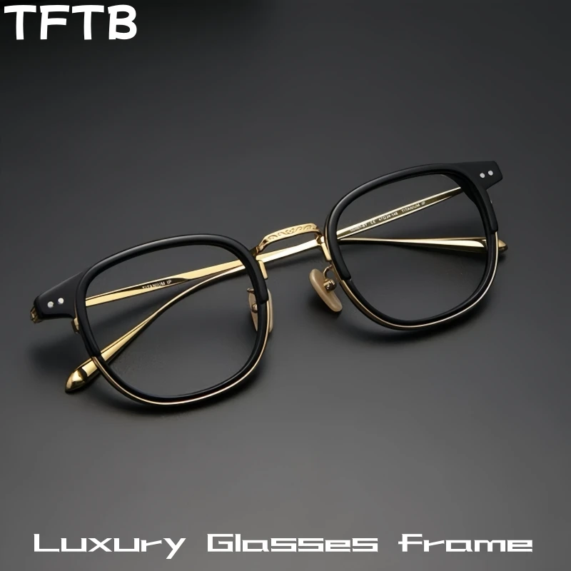 TFTB Retro Round Luxury Pure Titanium Glasses Frame For Men and Women Ultralight Acetate Optical Prescription Eyeglasses GD001